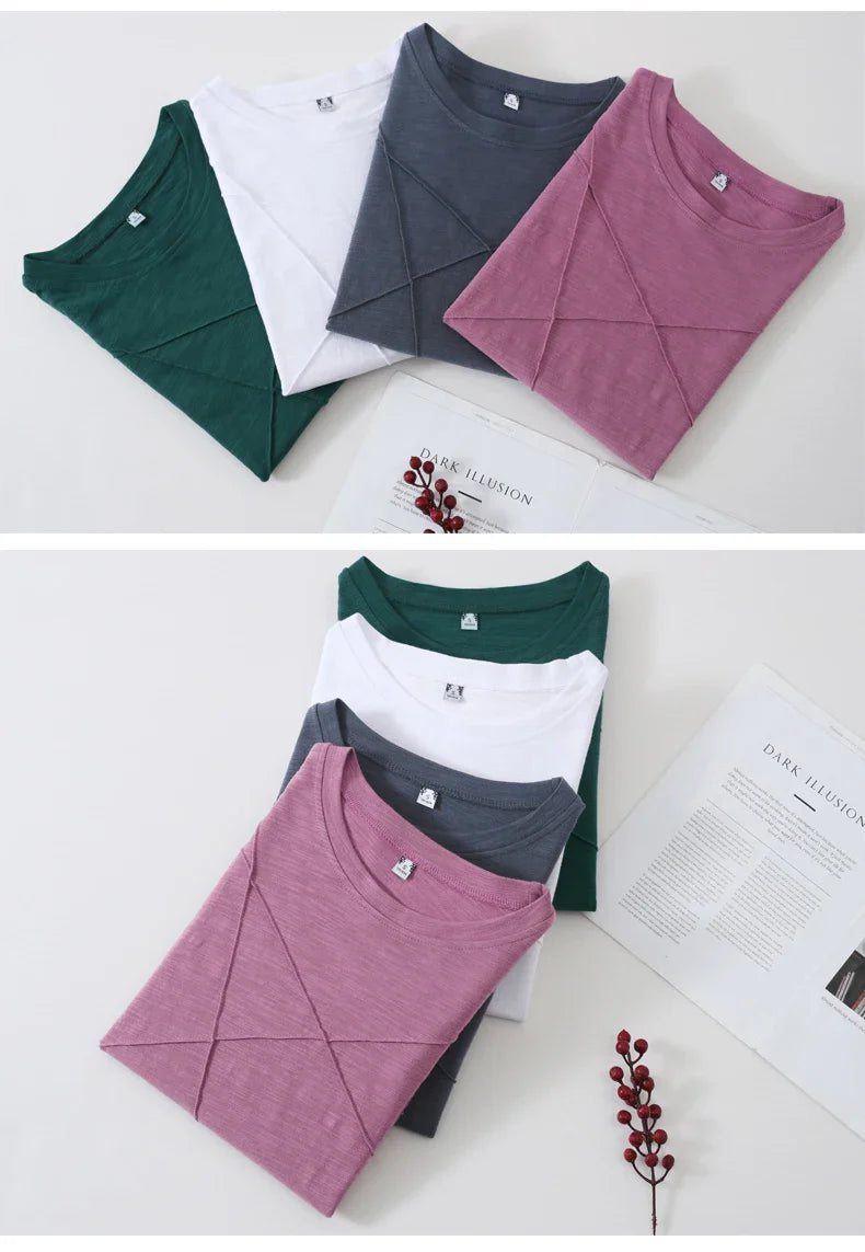 Ribbed Bamboo Cotton Long Sleeve T-Shirt for Women O-Neck Loose Fit Cozy Autumn Top in Purple and Green