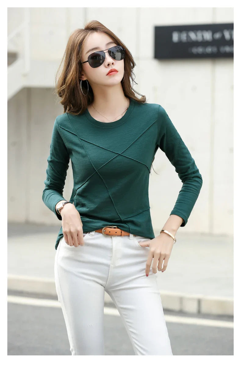 Ribbed Bamboo Cotton Long Sleeve T-Shirt for Women O-Neck Loose Fit Cozy Autumn Top in Purple and Green
