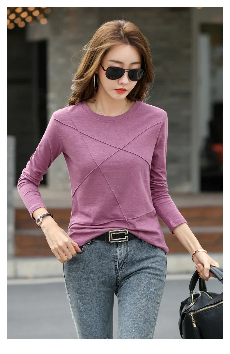 Ribbed Bamboo Cotton Long Sleeve T-Shirt for Women O-Neck Loose Fit Cozy Autumn Top in Purple and Green