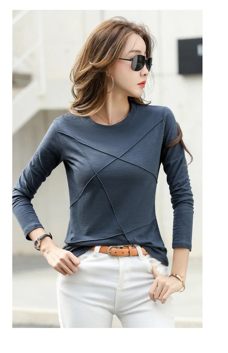 Ribbed Bamboo Cotton Long Sleeve T-Shirt for Women O-Neck Loose Fit Cozy Autumn Top in Purple and Green