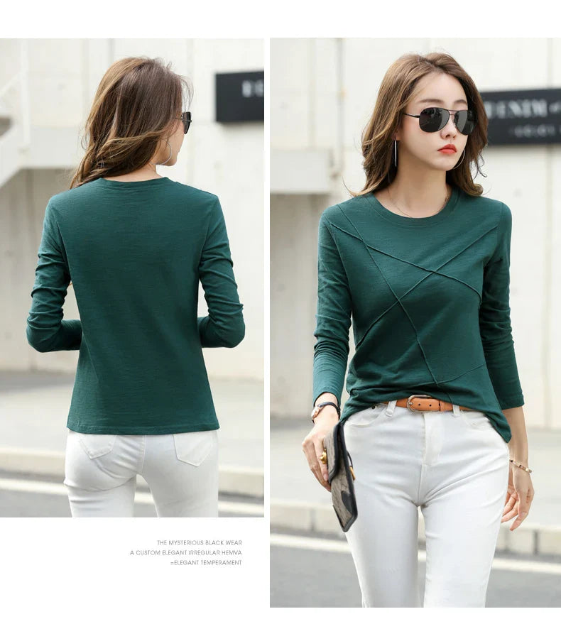 Ribbed Bamboo Cotton Long Sleeve T-Shirt for Women O-Neck Loose Fit Cozy Autumn Top in Purple and Green