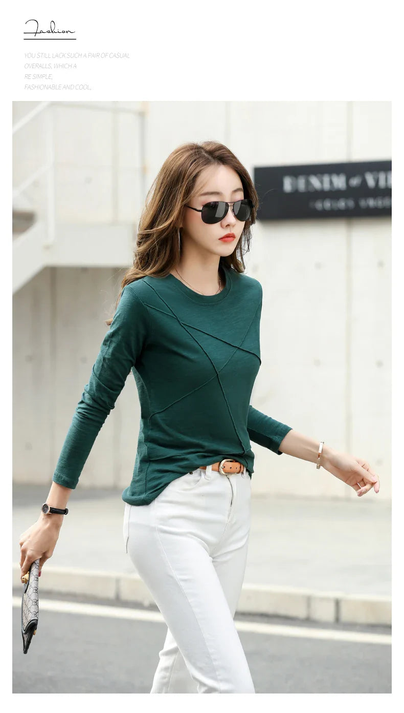 Ribbed Bamboo Cotton Long Sleeve T-Shirt for Women O-Neck Loose Fit Cozy Autumn Top in Purple and Green