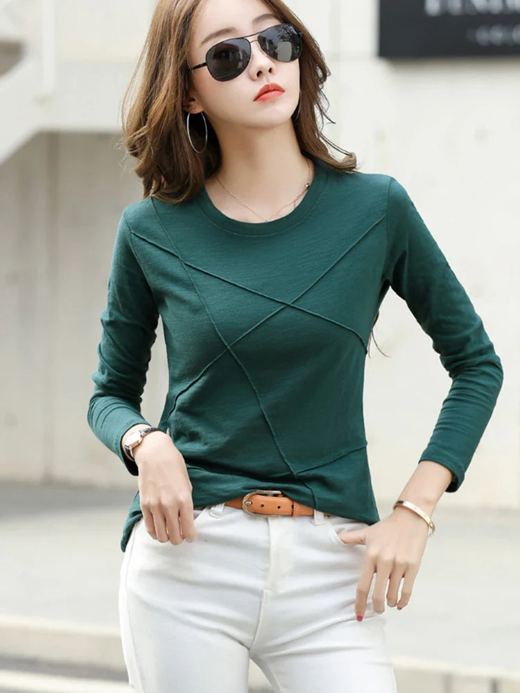 Ribbed Bamboo Cotton Long Sleeve T-Shirt for Women O-Neck Loose Fit Cozy Autumn Top in Purple and Green