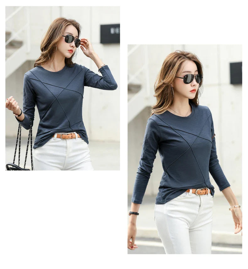 Ribbed Bamboo Cotton Long Sleeve T-Shirt for Women O-Neck Loose Fit Cozy Autumn Top in Purple and Green