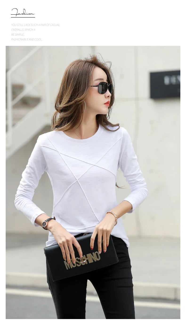 Ribbed Bamboo Cotton Long Sleeve T-Shirt for Women O-Neck Loose Fit Cozy Autumn Top in Purple and Green