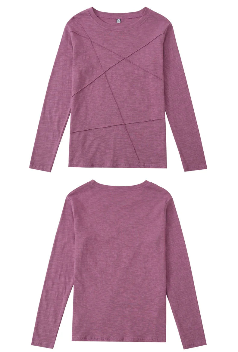 Ribbed Bamboo Cotton Long Sleeve T-Shirt for Women O-Neck Loose Fit Cozy Autumn Top in Purple and Green