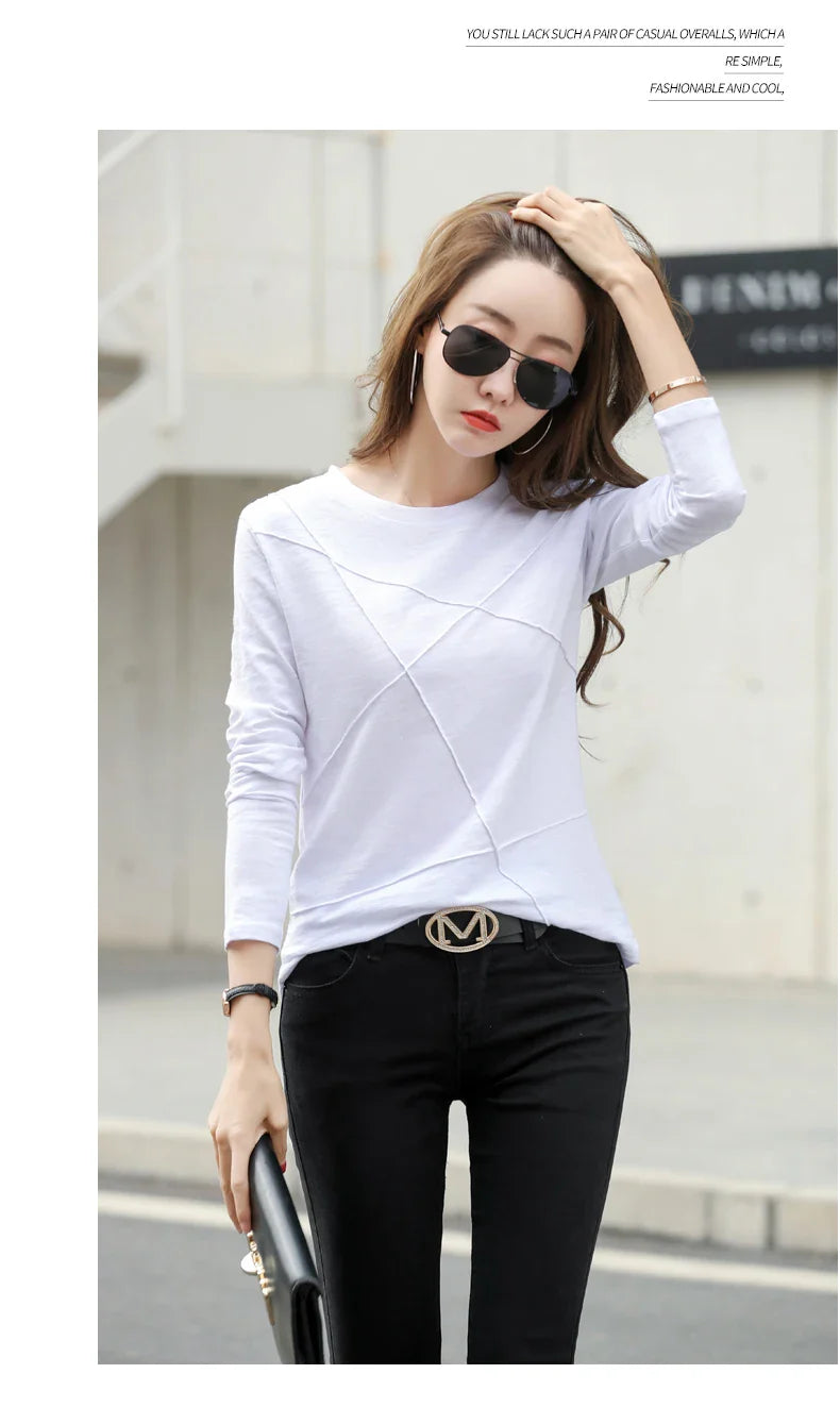 Ribbed Bamboo Cotton Long Sleeve T-Shirt for Women O-Neck Loose Fit Cozy Autumn Top in Purple and Green