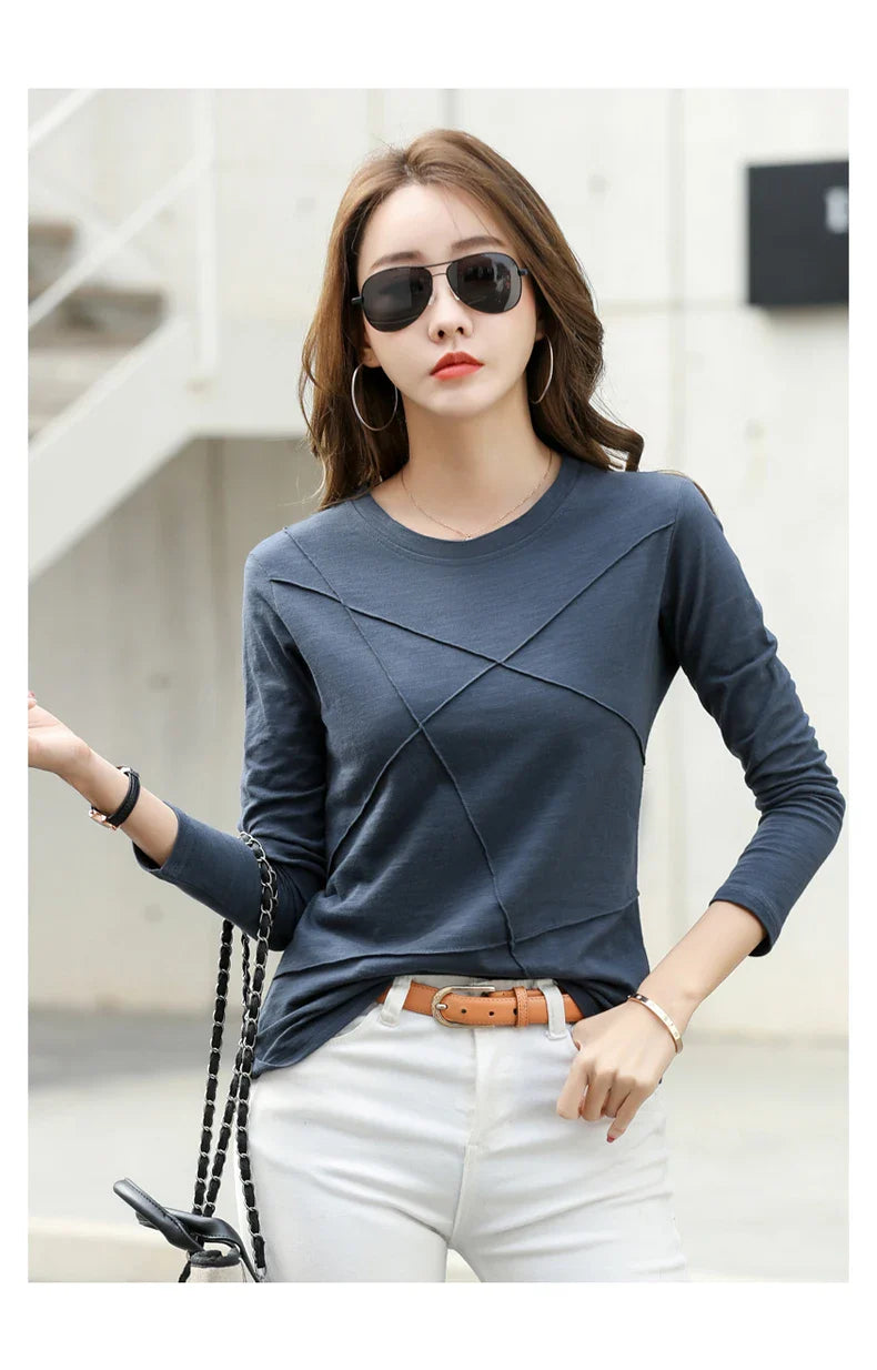 Ribbed Bamboo Cotton Long Sleeve T-Shirt for Women O-Neck Loose Fit Cozy Autumn Top in Purple and Green