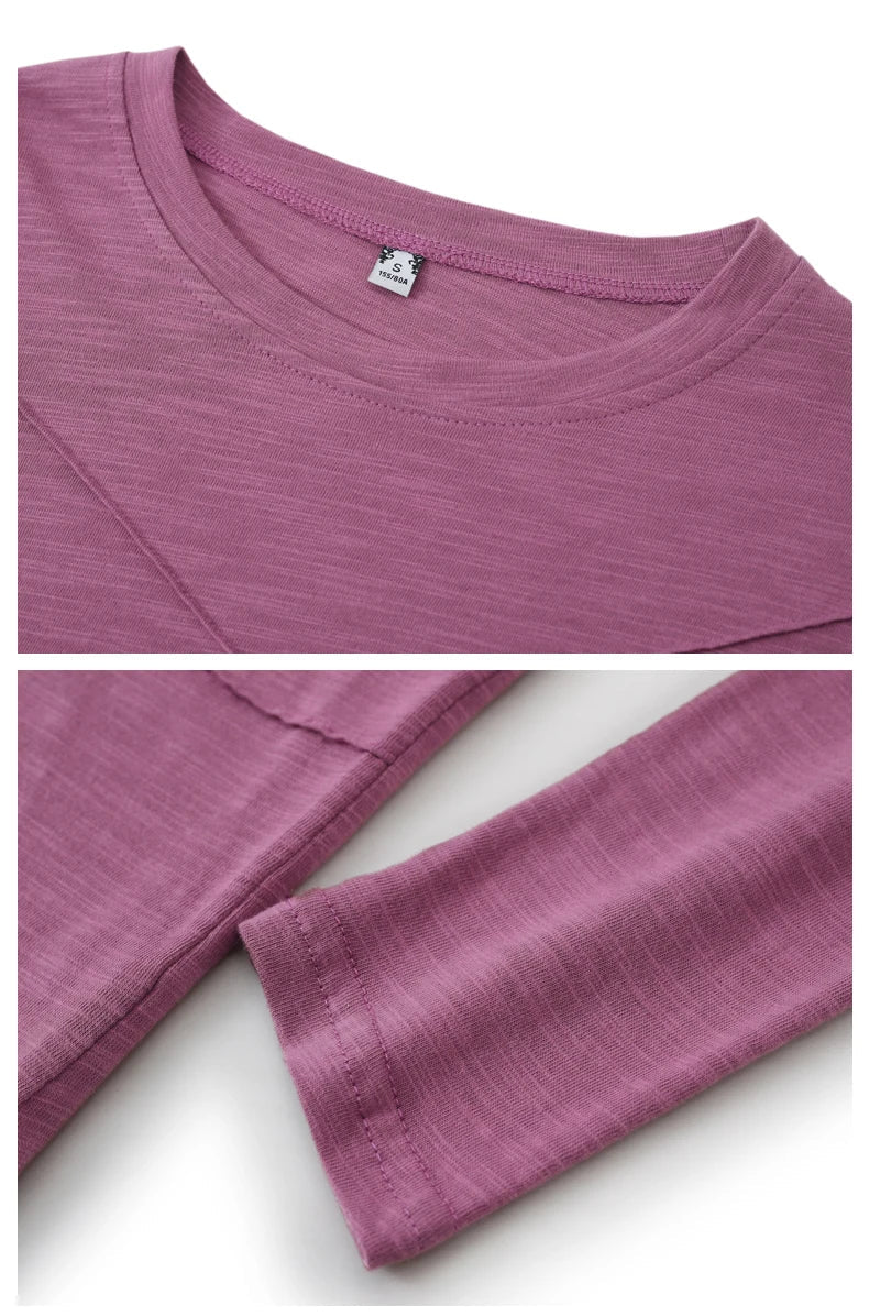 Ribbed Bamboo Cotton Long Sleeve T-Shirt for Women O-Neck Loose Fit Cozy Autumn Top in Purple and Green