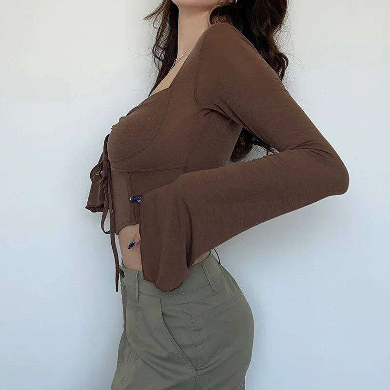 Sexy Cropped Flare Sleeve T-Shirt for Women Slim Drawstring Irregular Hem Solid Color Tee