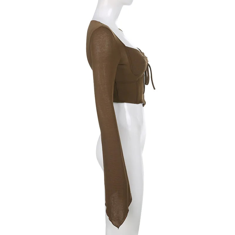 Sexy Cropped Flare Sleeve T-Shirt for Women Slim Drawstring Irregular Hem Solid Color Tee