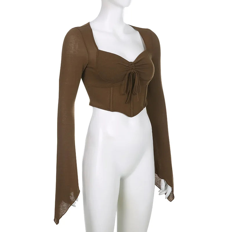 Sexy Cropped Flare Sleeve T-Shirt for Women Slim Drawstring Irregular Hem Solid Color Tee