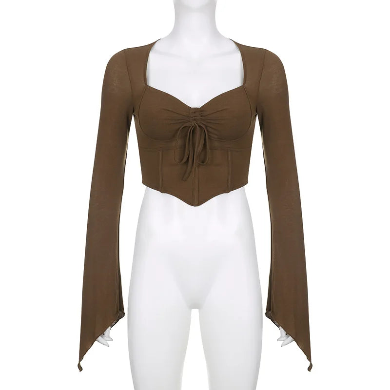 Sexy Cropped Flare Sleeve T-Shirt for Women Slim Drawstring Irregular Hem Solid Color Tee